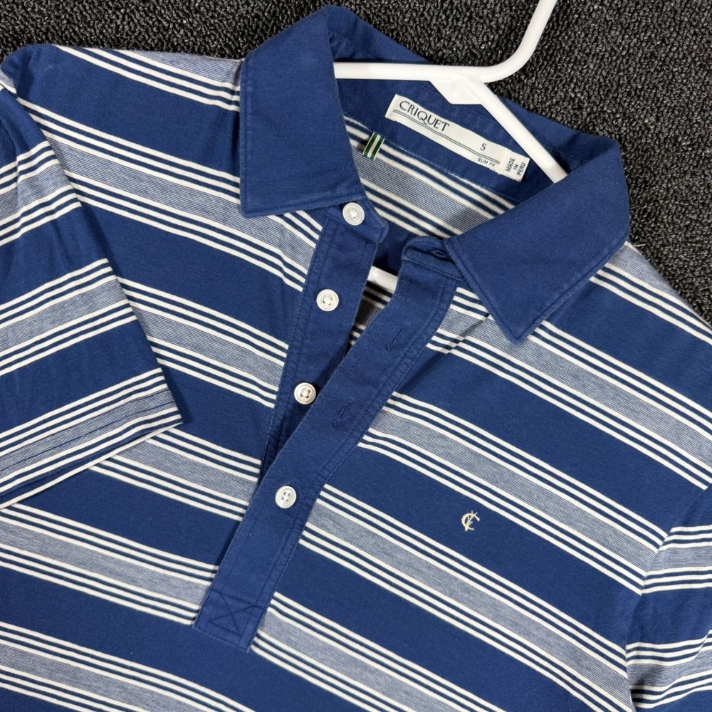 Criquet Mens Small Slim Fit Pima Cotton Blend Striped Polo Shirt Blue White Golf